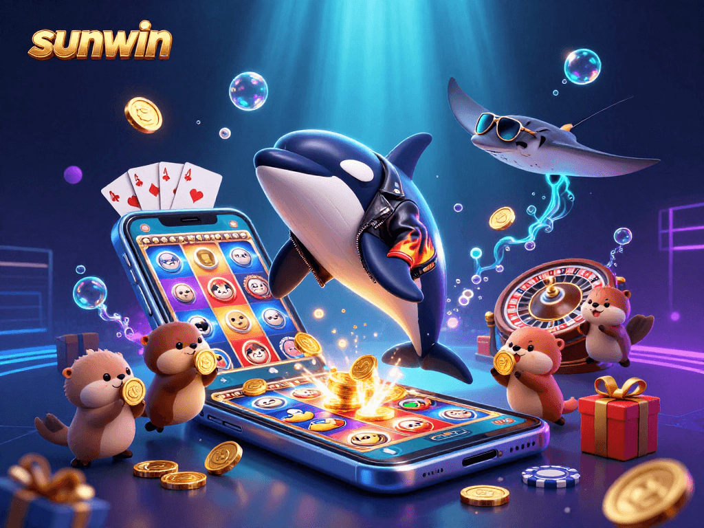 Engage in thrilling sunwin casino games with an orca, stingray, and otters amidst vibrant slots!