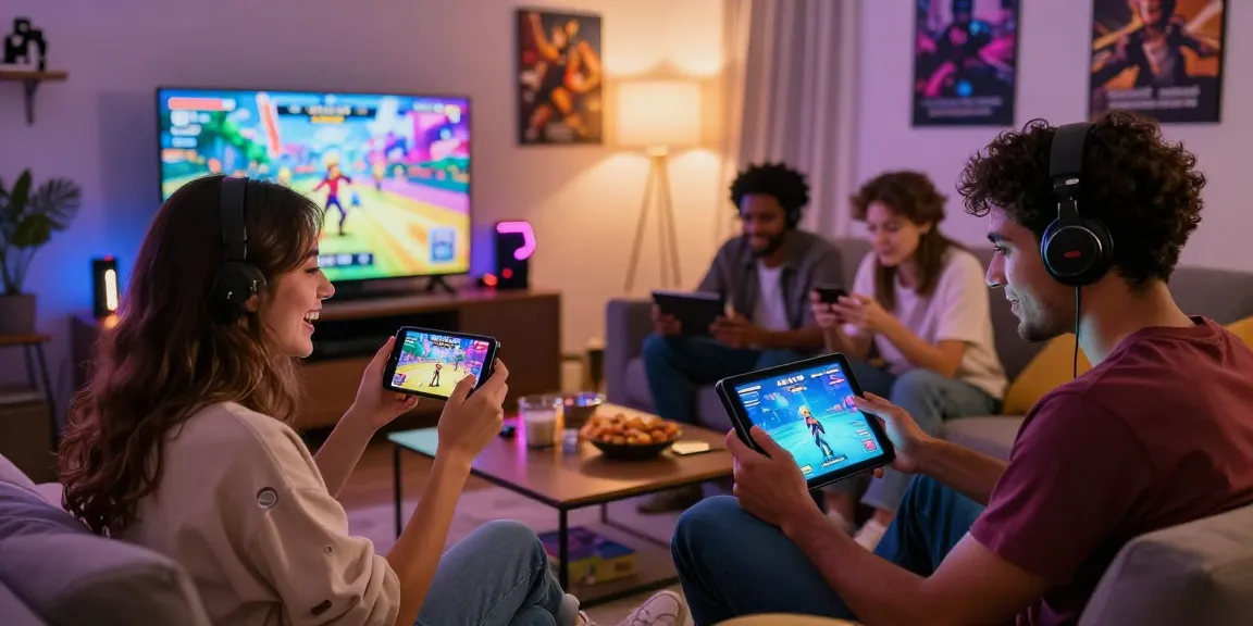 Friends enjoying mobile porn games in a cozy living room, showcasing vibrant gaming visuals and a fun atmosphere.