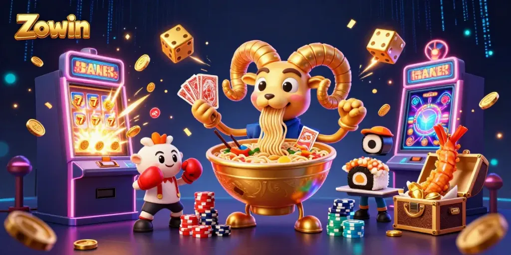 Enjoy the exciting atmosphere with Zowin’s gambling-themed illustration featuring vibrant characters and casino elements.