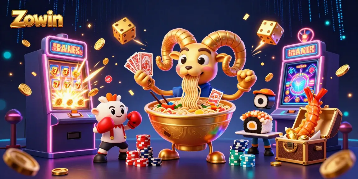 Enjoy the exciting atmosphere with Zowin’s gambling-themed illustration featuring vibrant characters and casino elements.