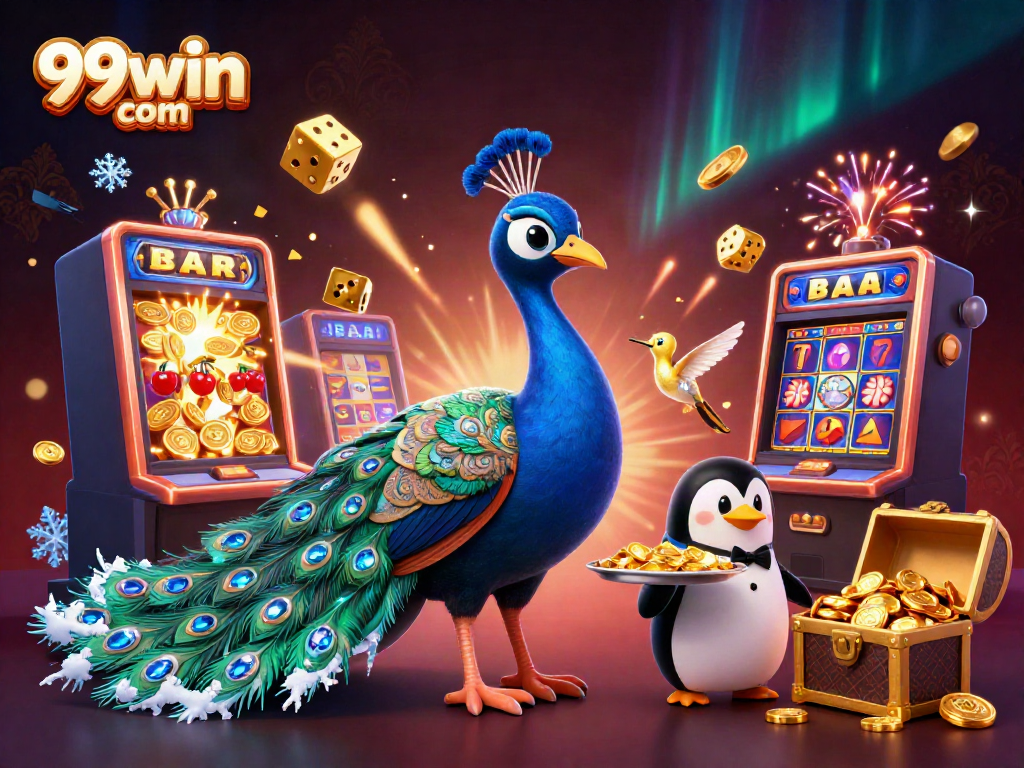 Experience the excitement of 99win com with vibrant casino imagery featuring a peacock, penguin, and hummingbird in a dynamic scene.