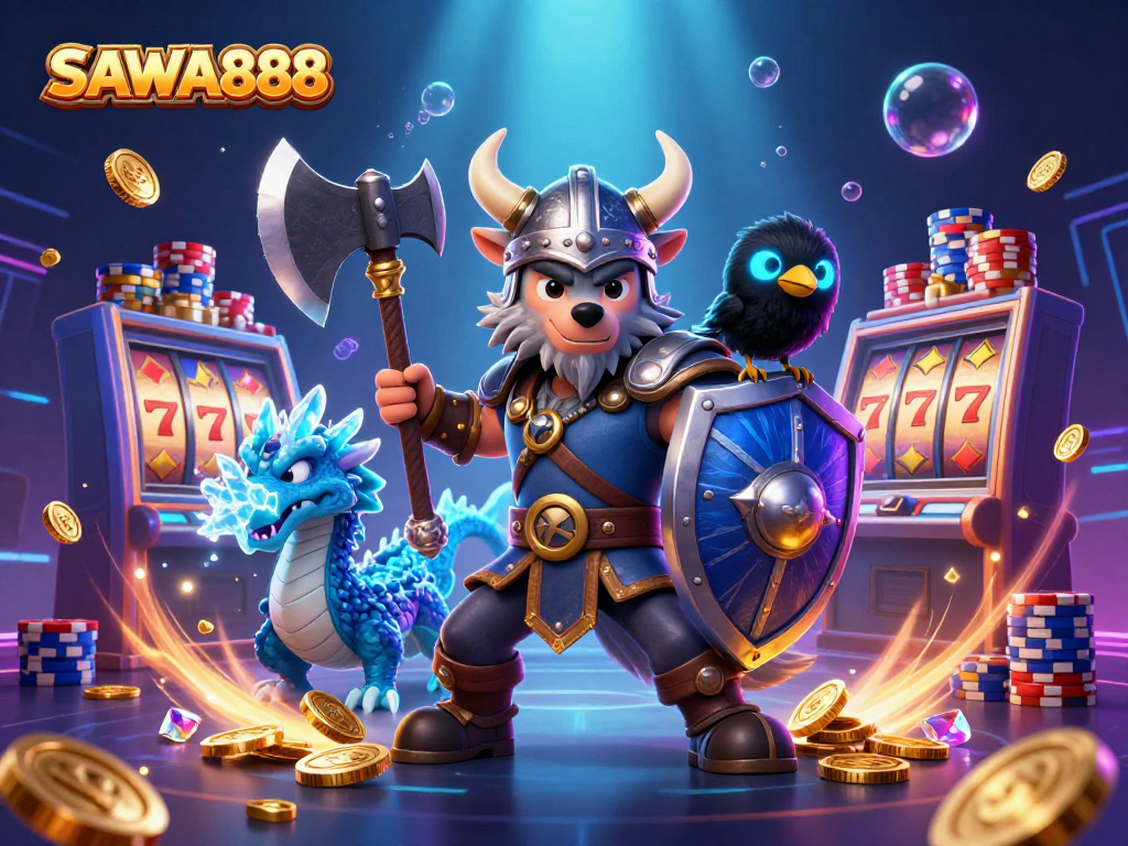 Experience thrilling gameplay with SAWA888 as Viking characters face off in a vibrant gaming scene.