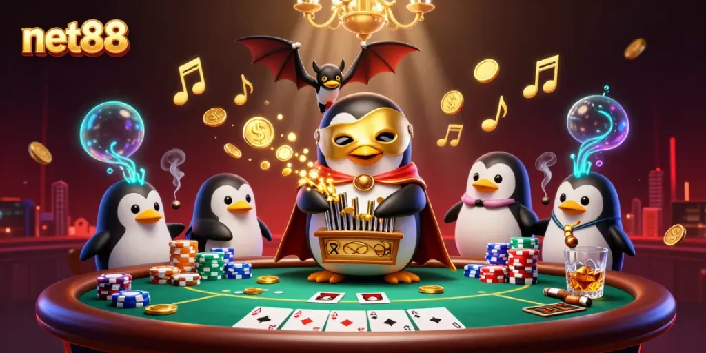 Join the thrilling world of net88 with a 3D animated scene depicting an exciting casino atmosphere filled with golden coins and poker elements.