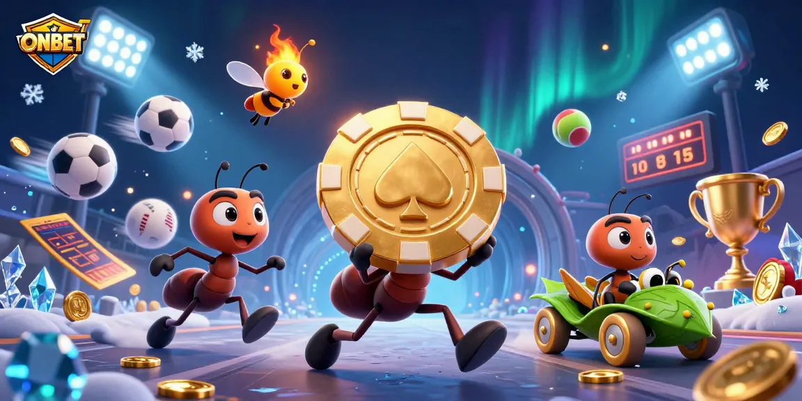 Ants executing a heist in the ONBET casino world, filled with sports and gaming elements.