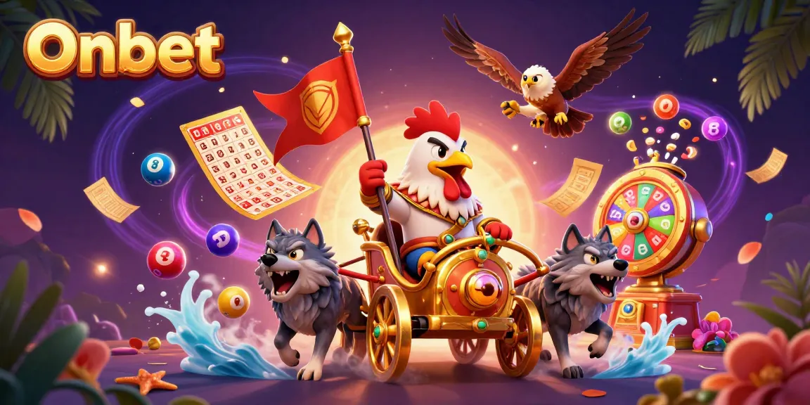 Experience exciting Onbet gameplay with a cartoon rooster warlord and vibrant gambling elements.