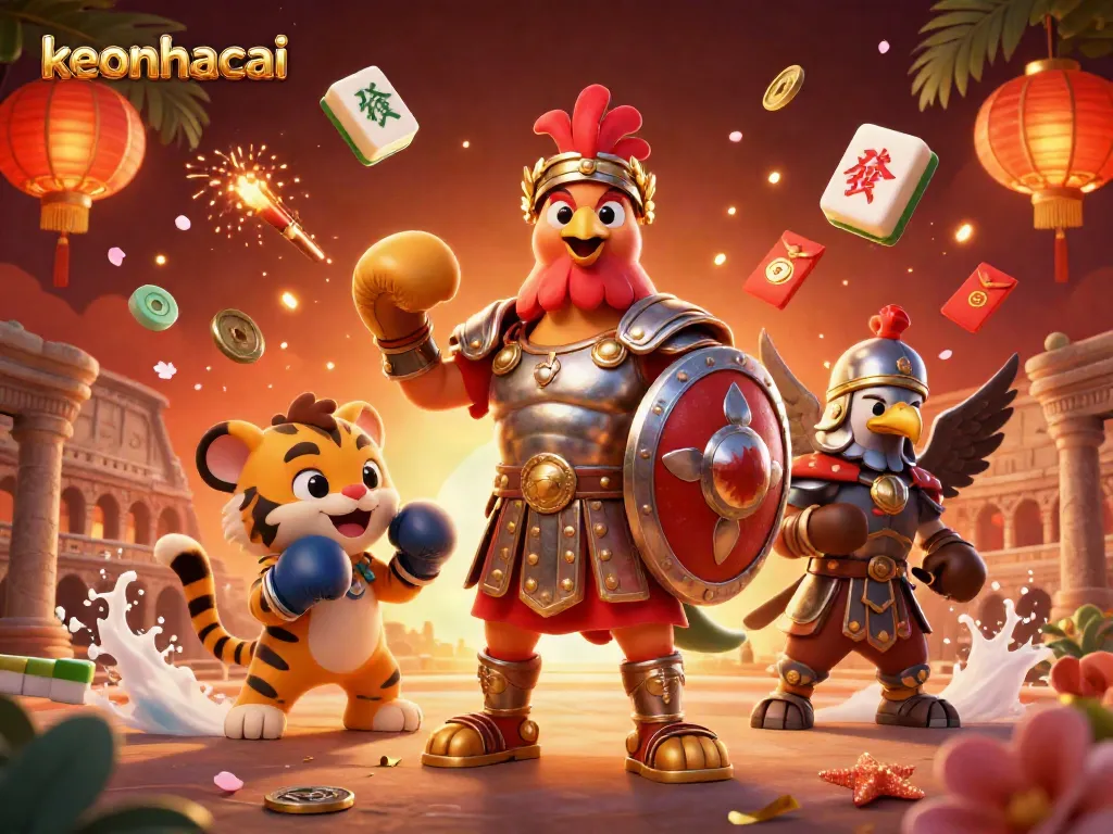 Engage in thrilling betting with keonhacai, showcasing a vibrant arena filled with dynamic characters and festive elements.