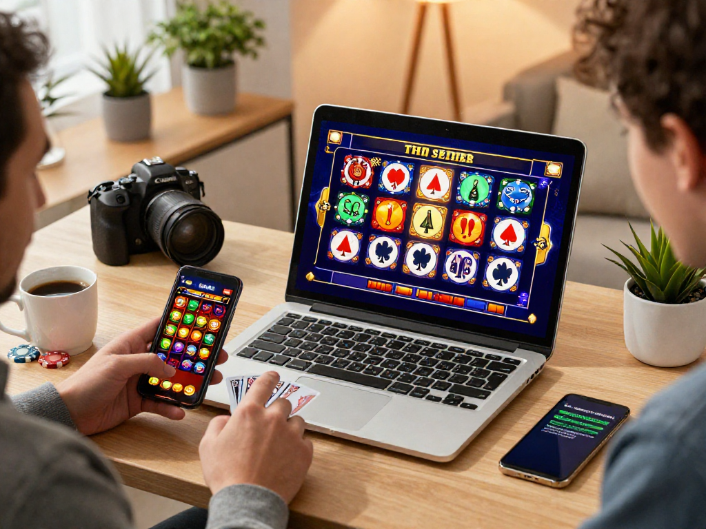 Player enjoying TK 1971 online casino games on laptop and smartphone in a cozy setting.