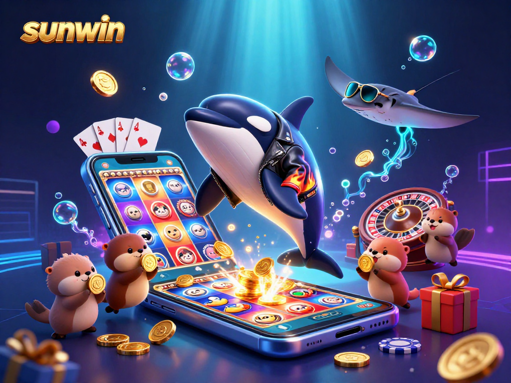 Engage in thrilling sunwin casino games with an orca, stingray, and otters amidst vibrant slots!