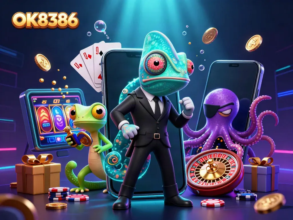 Experience vibrant wins with OK8386, showcasing a colorful casino scene filled with engaging slot games and dynamic characters.