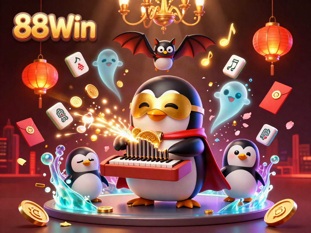Experience the excitement of 88Win with a dynamic scene featuring a penguin playing an organ that releases coins.