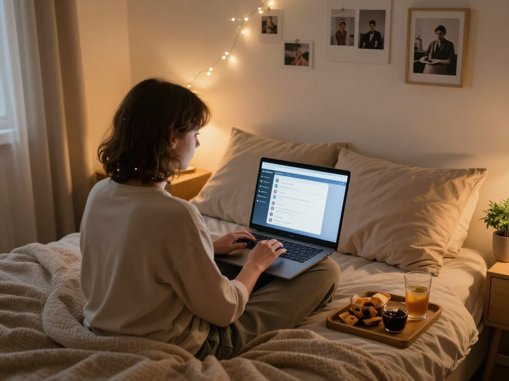 Engaging in ai sex chat in a cozy bedroom setting during intimate virtual conversation.