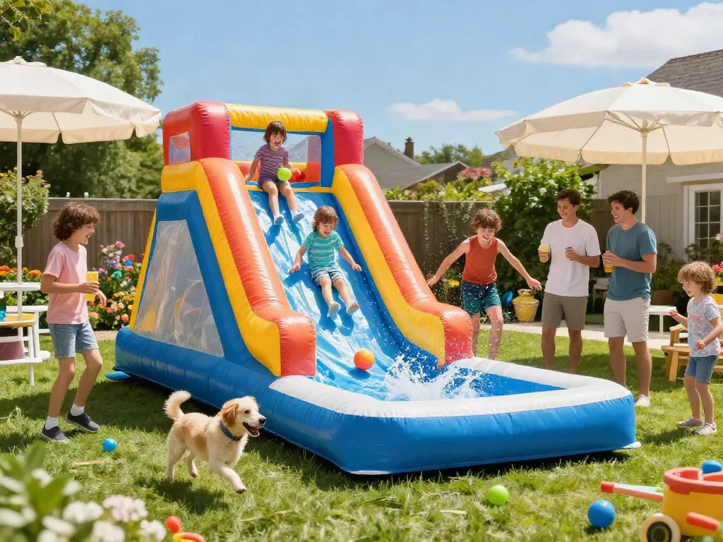 Children enjoying a vibrant water slide in a sunny backyard, surrounded by family and pool toys.