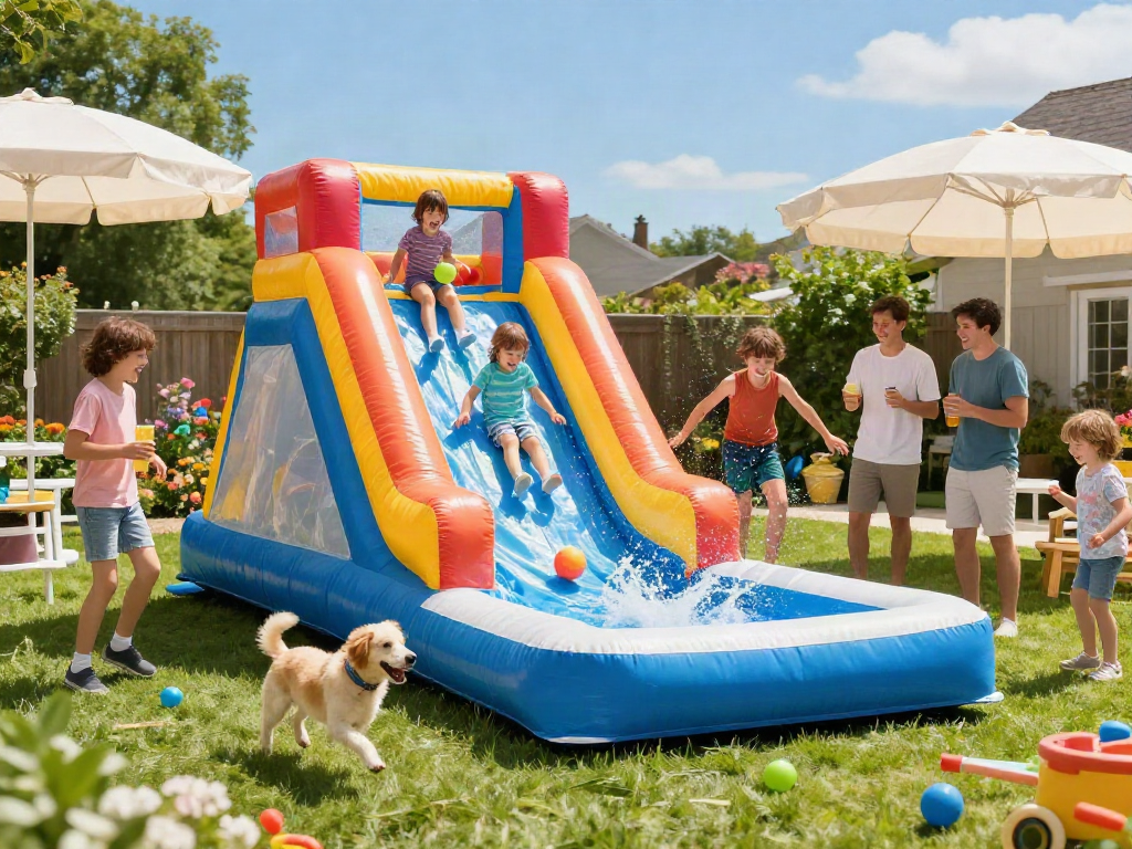 Children enjoying a vibrant water slide in a sunny backyard, surrounded by family and pool toys.