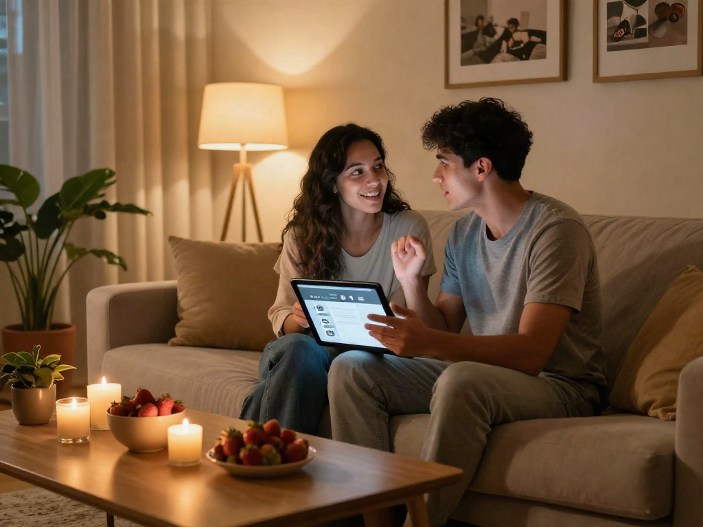 Couple exploring ai sex relationship app on a cozy sofa, intimate and engaging atmosphere.
