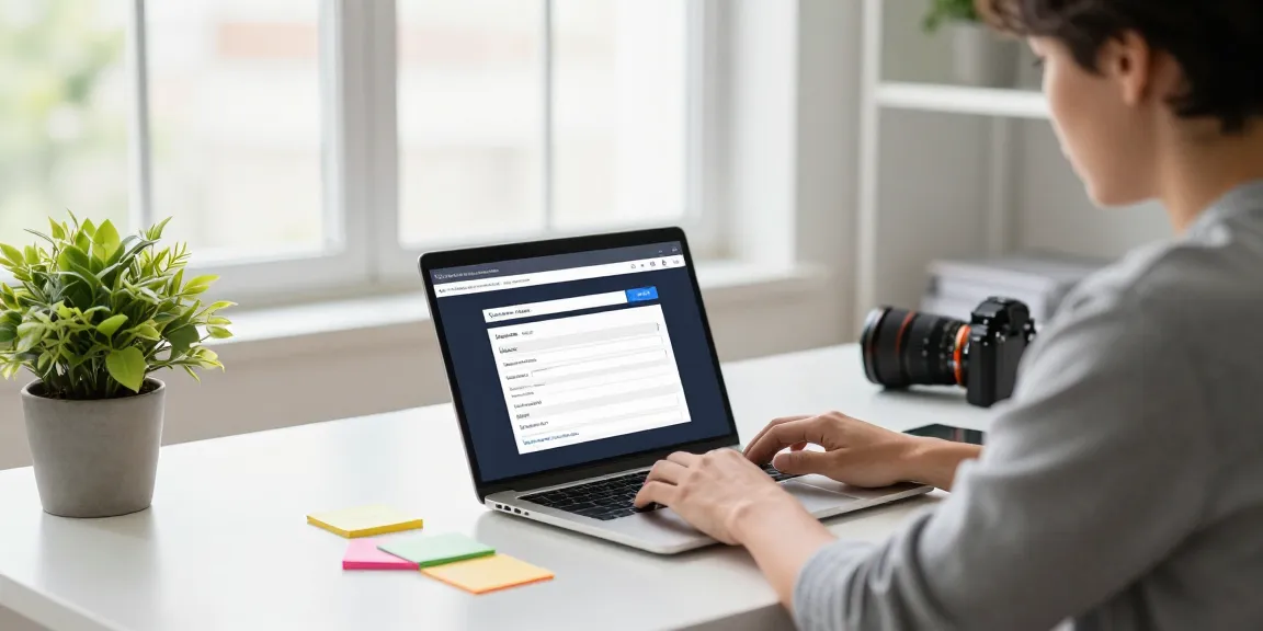 Professional using a laptop for domain name search UK in a bright workspace with modern decor.
