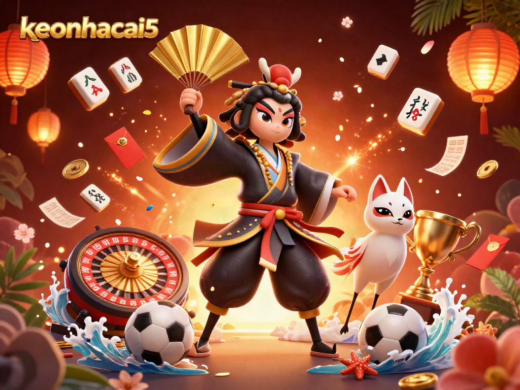 Engage with keonhacai5's dynamic sports betting scene featuring a kabuki warrior and vibrant casino elements.