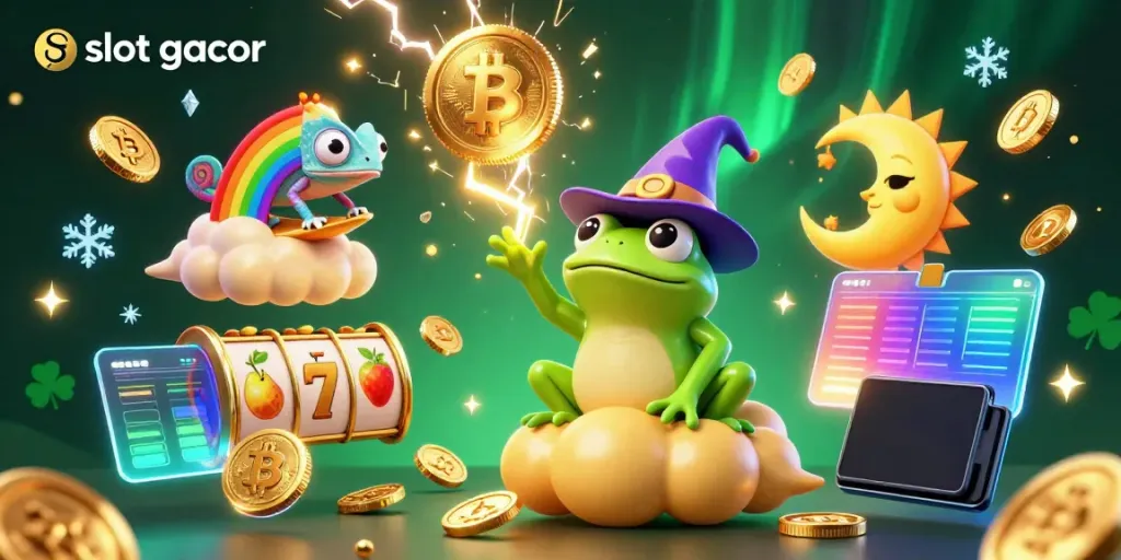 Experience the thrill of slot gacor with a vibrant scene of a wizard frog creating golden coin storms.