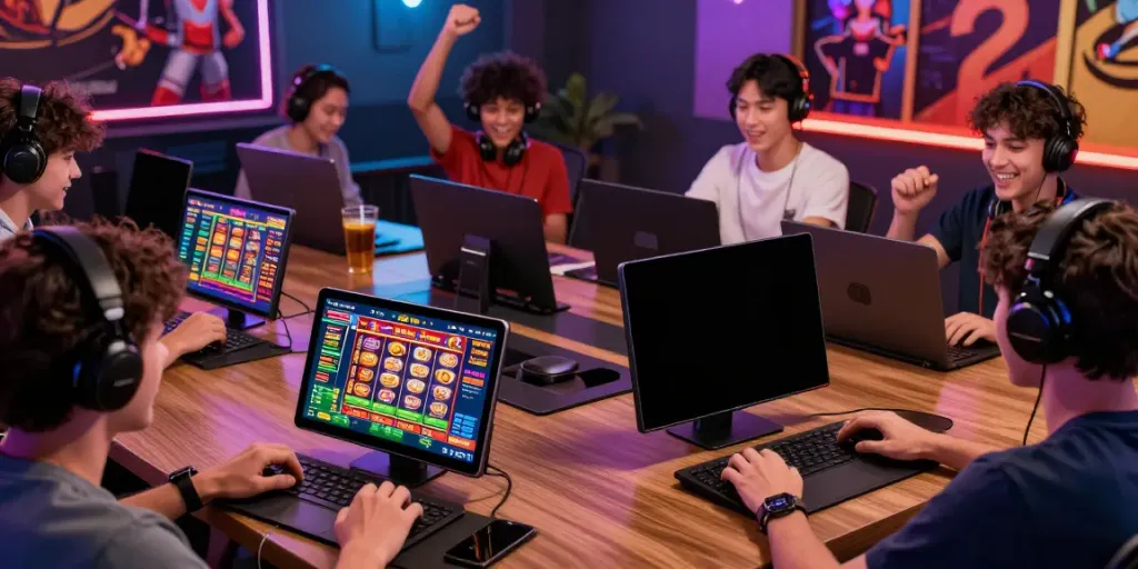 Exciting gaming experience on http://gem88-mobile.com with players using devices in vibrant atmosphere.