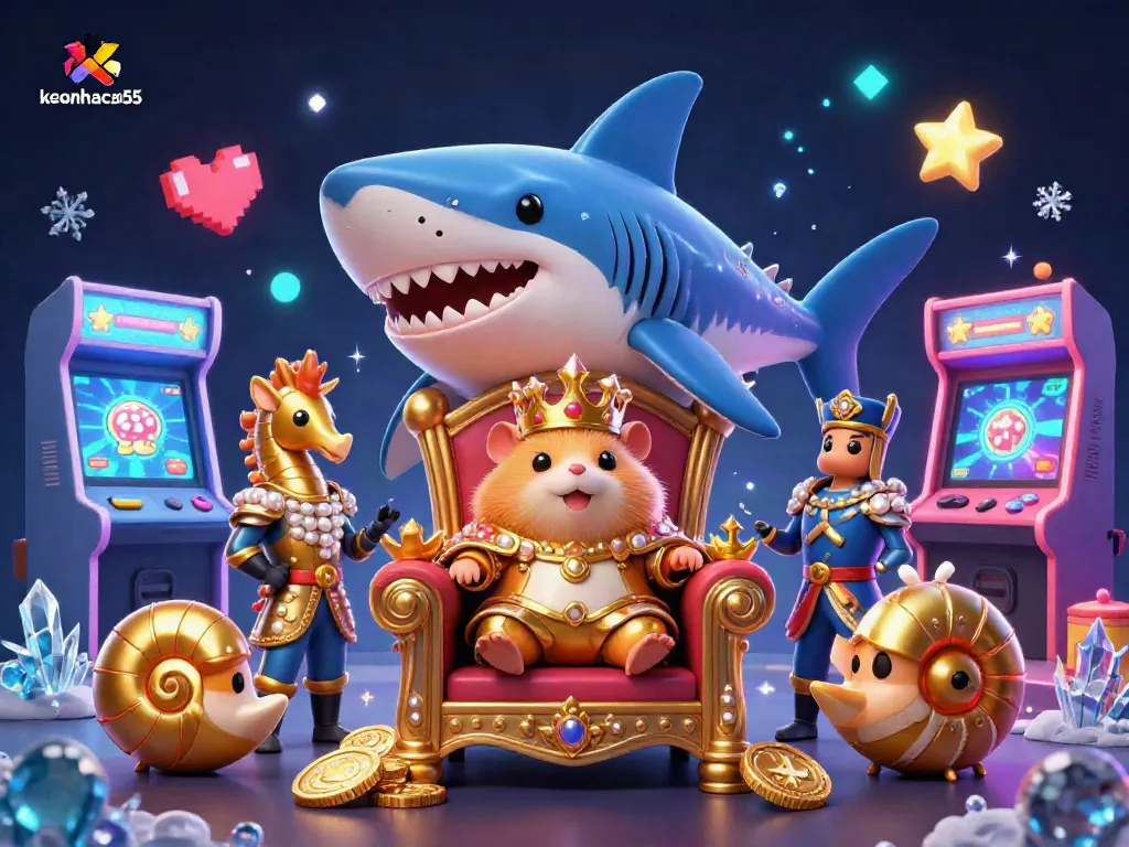 Experience keonhacai55 with a dynamic scene showcasing a golden hamster king amidst arcade gaming and casino elements.