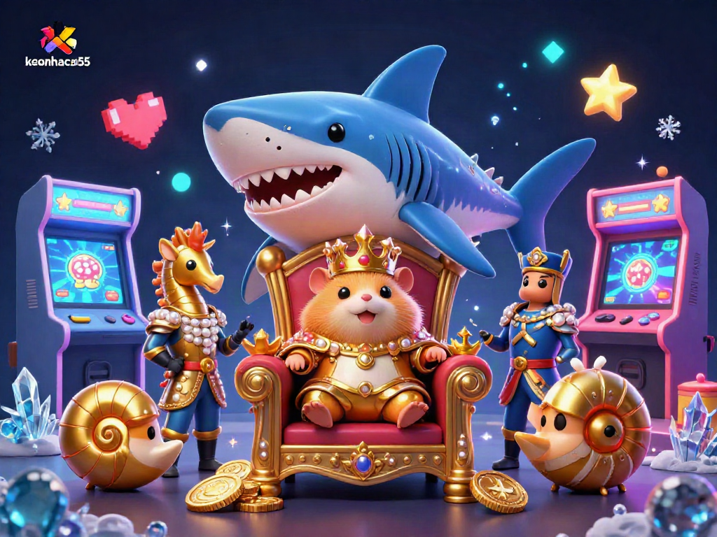 Experience keonhacai55 with a dynamic scene showcasing a golden hamster king amidst arcade gaming and casino elements.