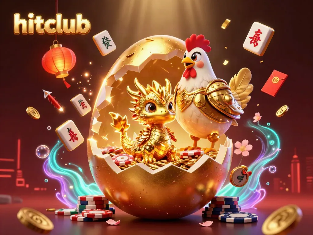 Hitclub's vibrant gaming universe with a golden dragon and poker chips set in a rich, festive atmosphere.