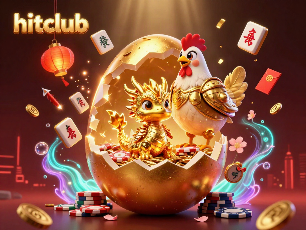 Hitclub's vibrant gaming universe with a golden dragon and poker chips set in a rich, festive atmosphere.