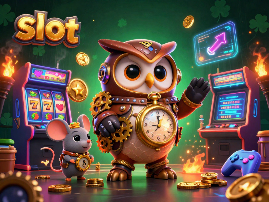 Engage with exciting slot games showcased by a time-traveling owl in a vibrant casino scene.
