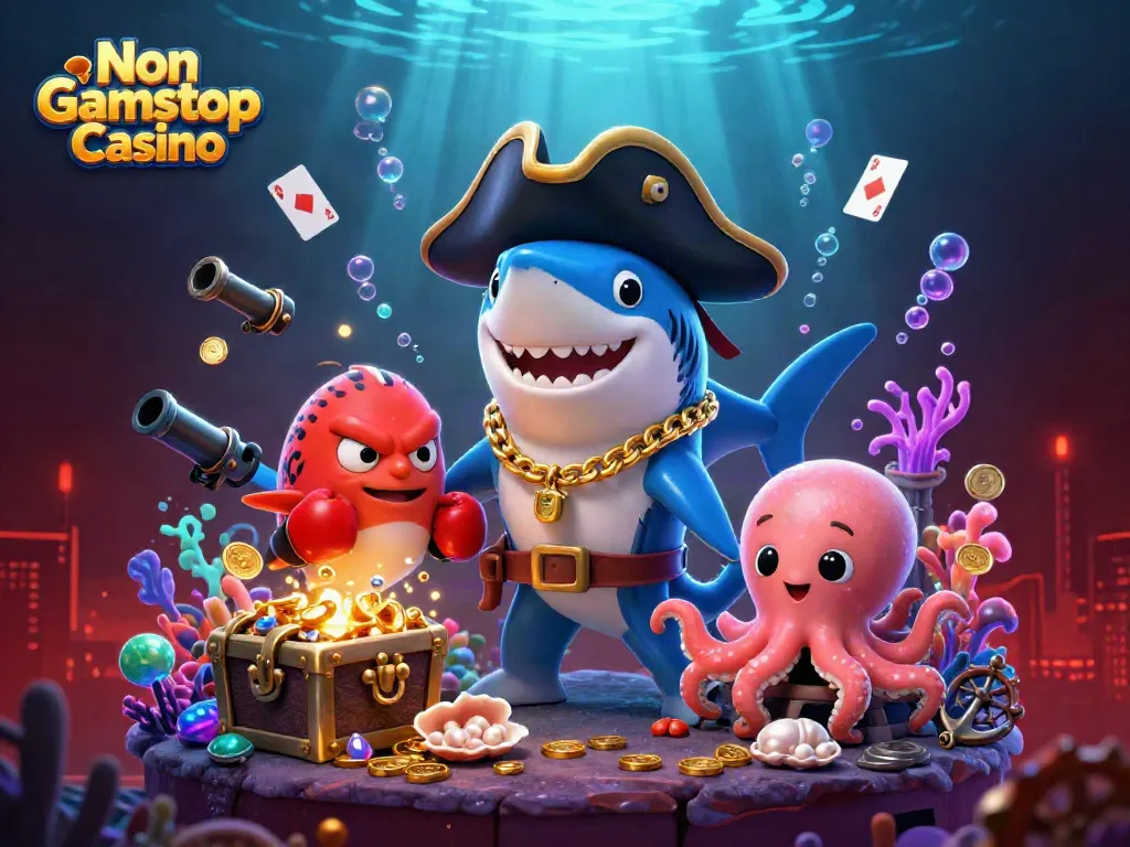 Engaging scene showcasing the Non Gamstop Casino with cartoon characters amidst vibrant casino-themed elements.
