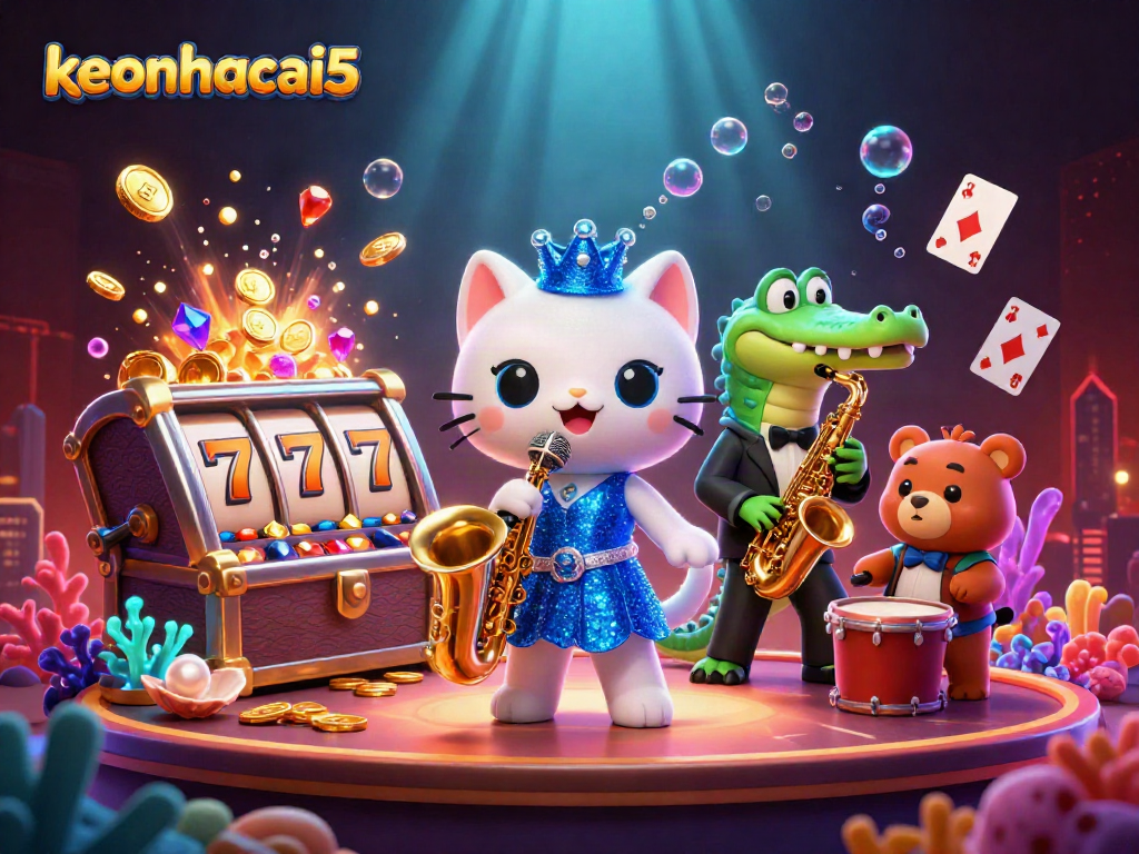 Engage with keonhacai5 at a vibrant casino scene featuring dynamic characters and thrilling game elements.