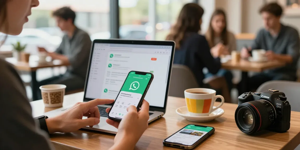 Easy WhatsApp下載 on a smartphone in a vibrant cafe, showcasing modern connectivity.