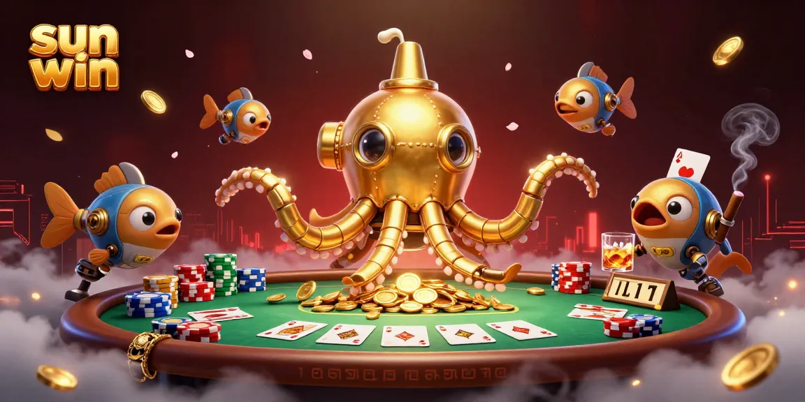Experience sun win excitement with a golden kraken and poker table in a vibrant casino scene.