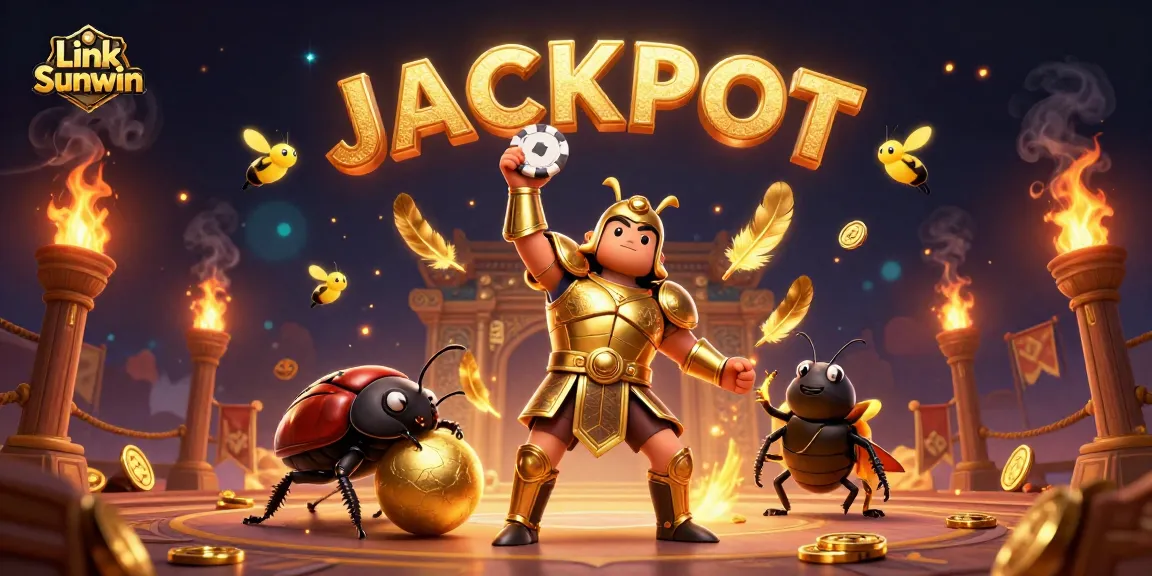 Play and win big with the Link Sunwin gaming experience featuring a victorious beetle hero and dynamic casino elements.