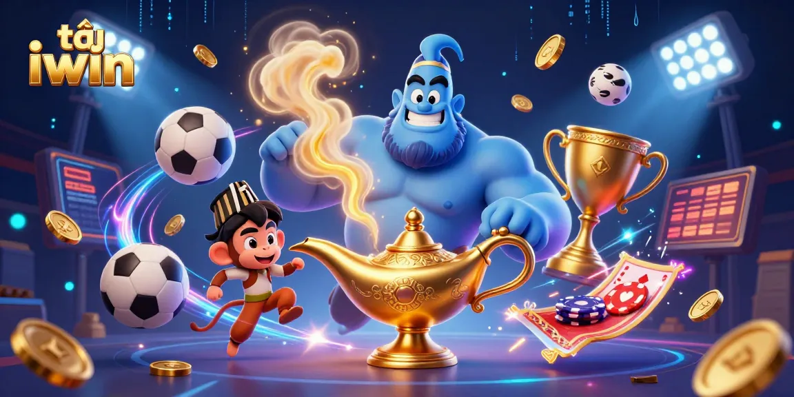 Engage with the world of tải iwin as the genie reveals exciting casino experiences amidst flying poker chips and vibrant game elements.