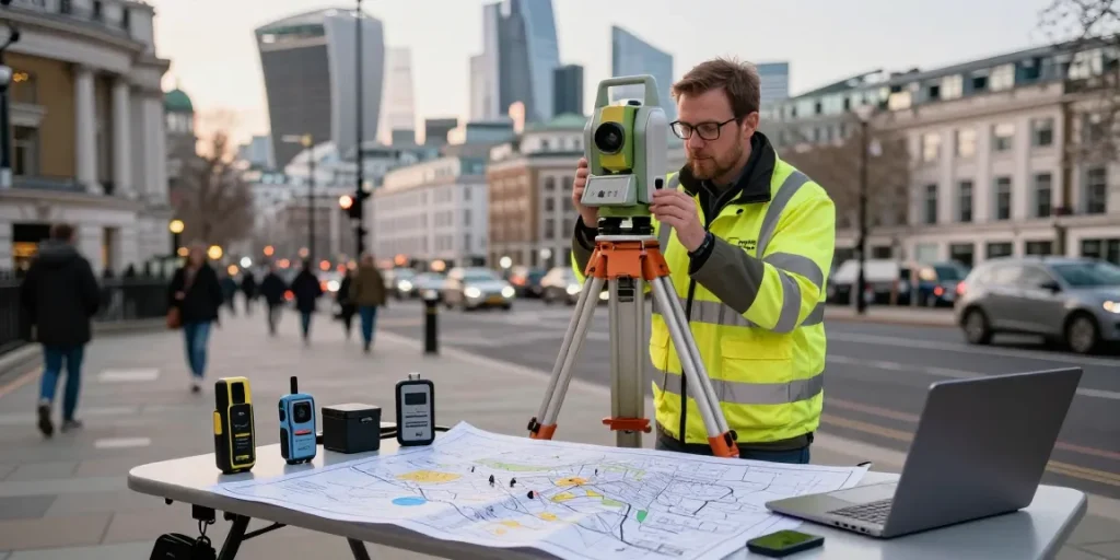 Measured building survey London with topographical surveyor using advanced equipment in urban setting.