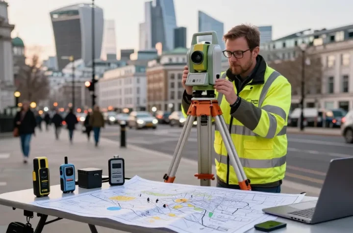 Measured building survey London with topographical surveyor using advanced equipment in urban setting.