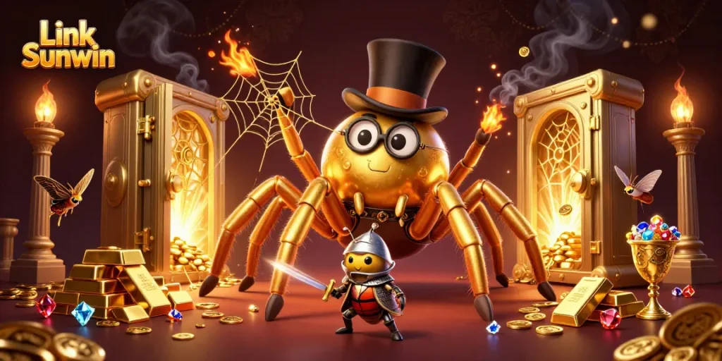 Spin to win with Link Sunwin, a vibrant casino scene featuring unique characters amidst golden treasures.