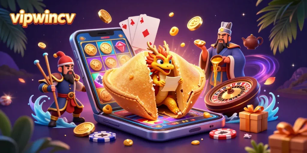 Experience thrilling wins at vipwincv with a vibrant scene of a golden fortune cookie surrounded by exciting casino elements.