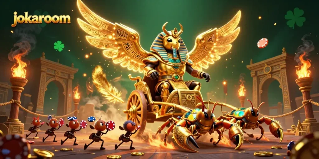 Experience the thrill of jokaroom with golden beetles and scorpions in a dynamic, casino-themed scene.