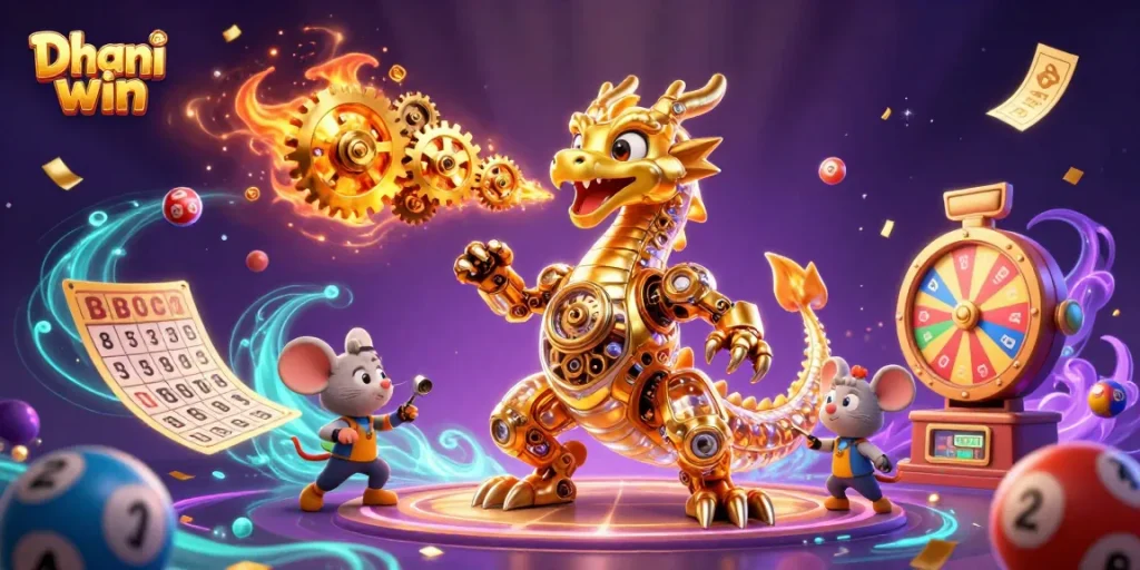Dhani win showcases an exciting gaming scene with a golden dragon, lottery elements, and interactive prizes.