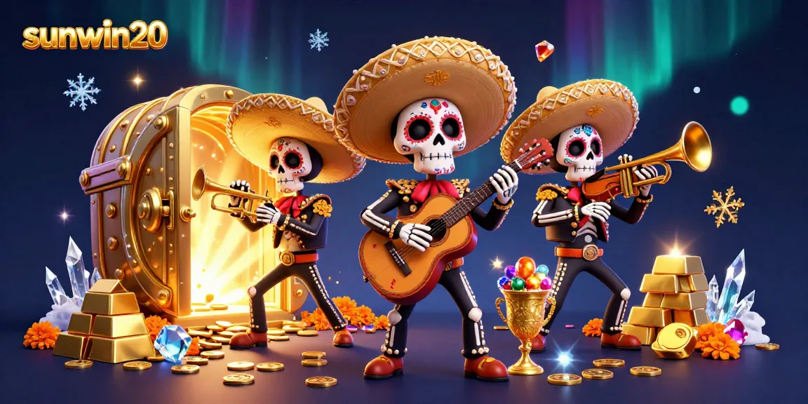 Win big with sunwin20 in a vibrant 3D casino scene featuring a mariachi band surrounded by treasures.