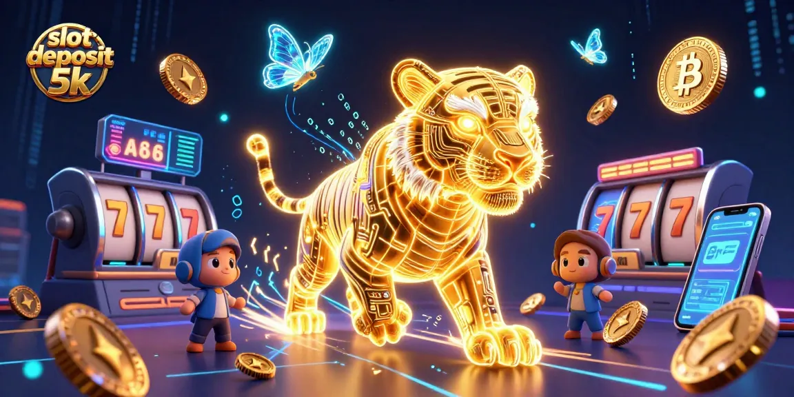 Engage with the thrill of slot deposit 5k in this vibrant 3D casino scene featuring a golden tiger and digital elements.