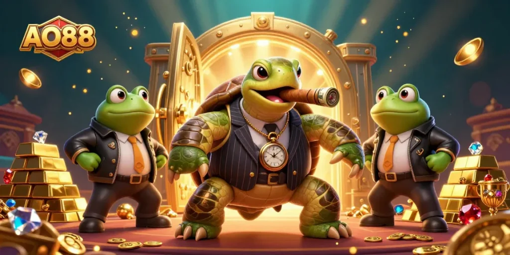 Play thrilling games at AO88, featuring a 3D scene with a turtle in a tuxedo and bullfrog enforcers amidst gold-rich casino elements.