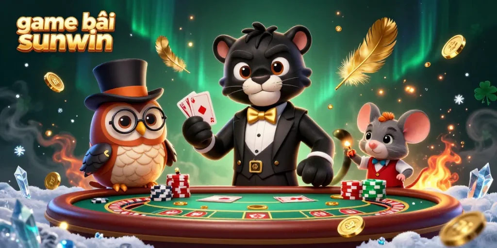 Experience the thrill of game bài sunwin with a dynamic 3D casino scene featuring stylish characters and engaging game elements.
