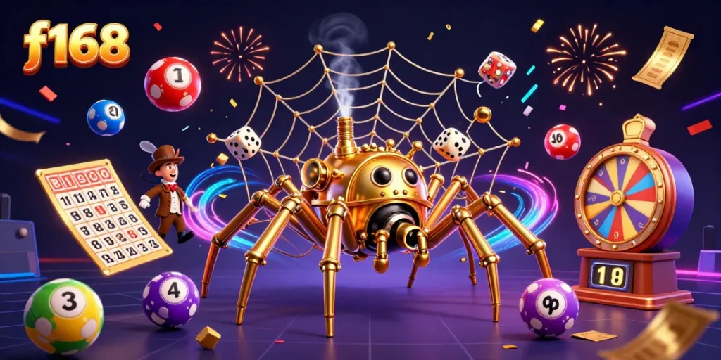 Experience the excitement of f168 with vibrant lottery balls and a steampunk spider in this digital illustration.