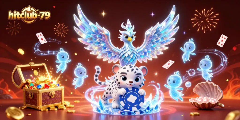Experience exciting casino adventures with hitclub-79 featuring an enchanting ice phoenix and playful characters.